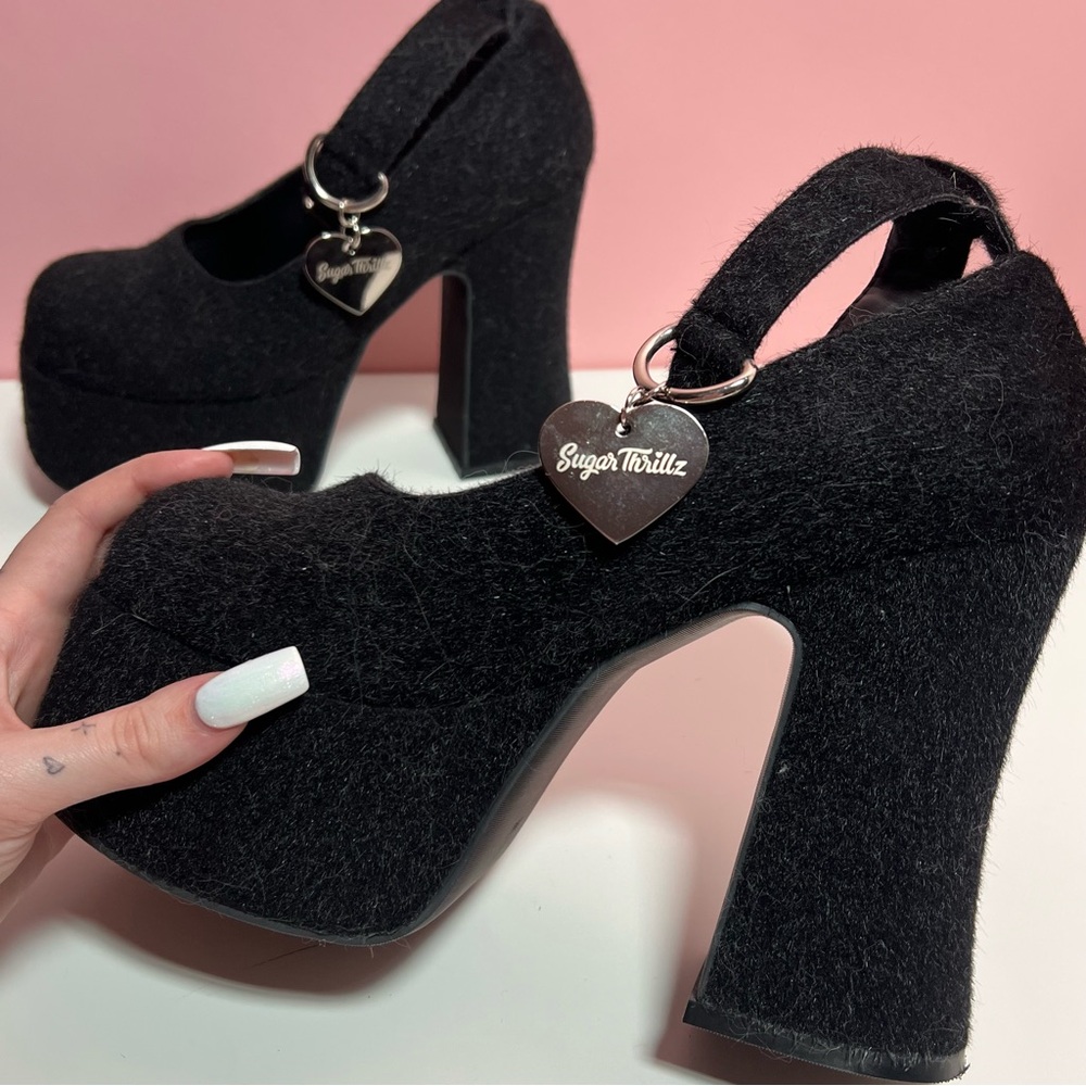 Y2k 2000s mcbling dollskill Sugar Trillz black fuzzy kitten platform heels - Picture 4 of 8